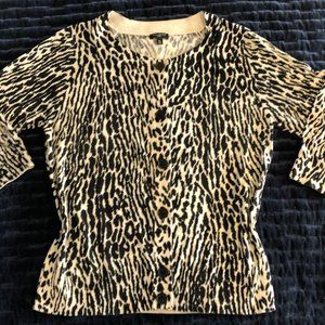Talbots jersey cardigan sweater, 3/4 sleeve, soft cotton-blend, animal print